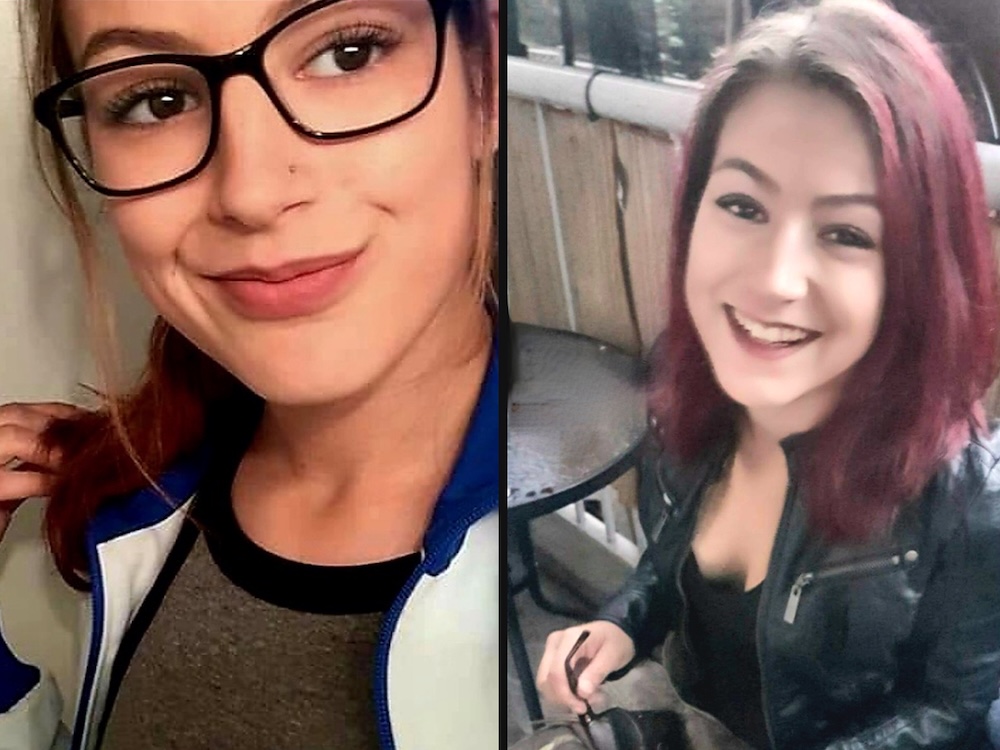 Two photos show a young woman with dark hair. In the photo on the left, she wears glasses and smiles at the camera as she holds the end of her ponytail with one hand. In the photo on the right, she sits at a table outdoors, smiling at the camera and wearing a black leather jacket.