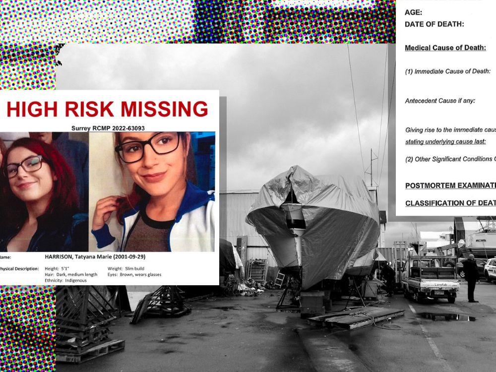 A collage of images shows a missing person poster with photographs of a young woman wearing glasses; a large boat out of the water with a tarp covering it; and a partial coroner&rsquo;s report form.