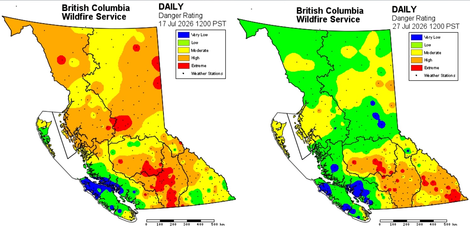 Two maps of British Columbia with blue, green, yellow, orange and red areas that relate to fire danger in different parts of the province.