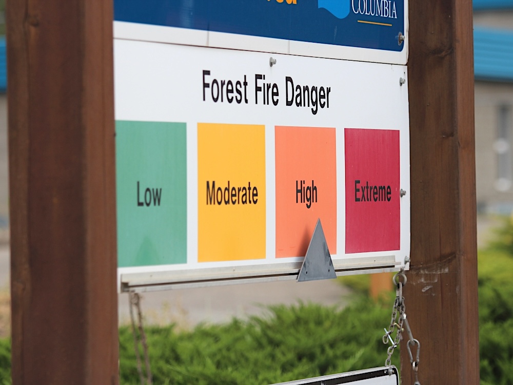 A &lsquo;Forest Fire Danger&rsquo; sign with four squares representing low, moderate, high and extreme fire risk. An arrow shows the fire risk is high.