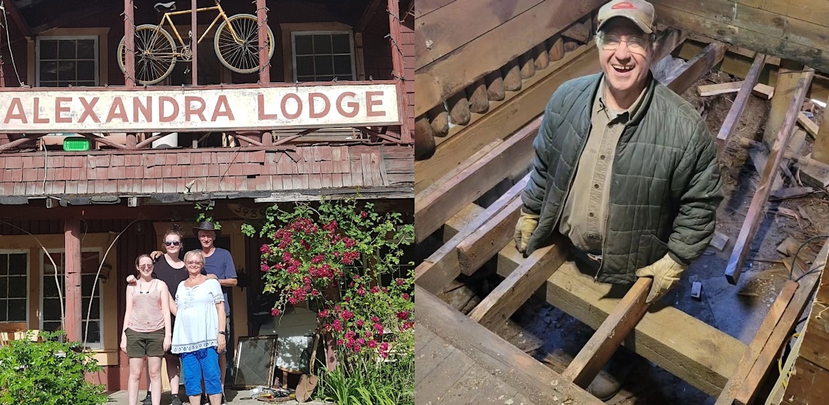 A photo on the left shows a middle-aged couple and two younger women in the front of a building with a sign that says &lsquo;Alexandra Lodge.&rsquo;
