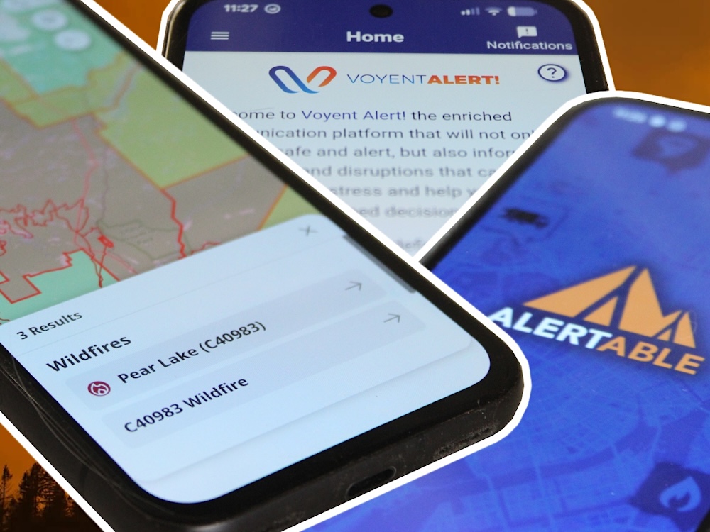 Three phones display screens related to three different apps. The most prominent one is the BC Wildfire Service app, showing the location of evacuation alerts.