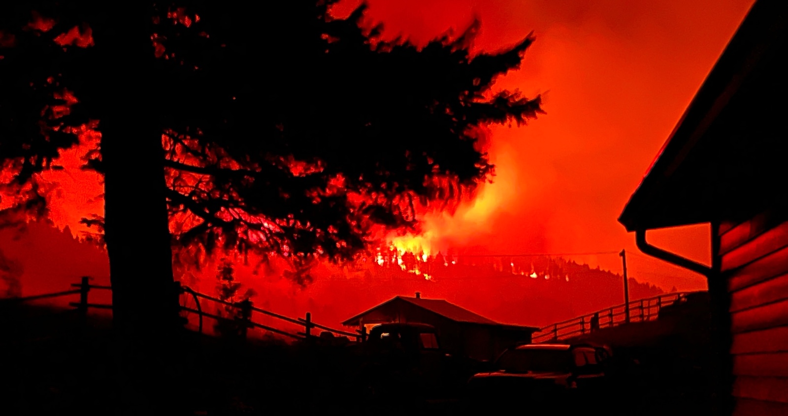 Orange flames are visible in the distance and the rest of the sky and background are red. In the foreground, you can see the silhouettes of a large tree, vehicles and structures.