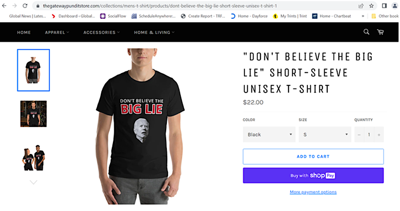 A screenshot shows an online store selling T-shirts with election denial messages.