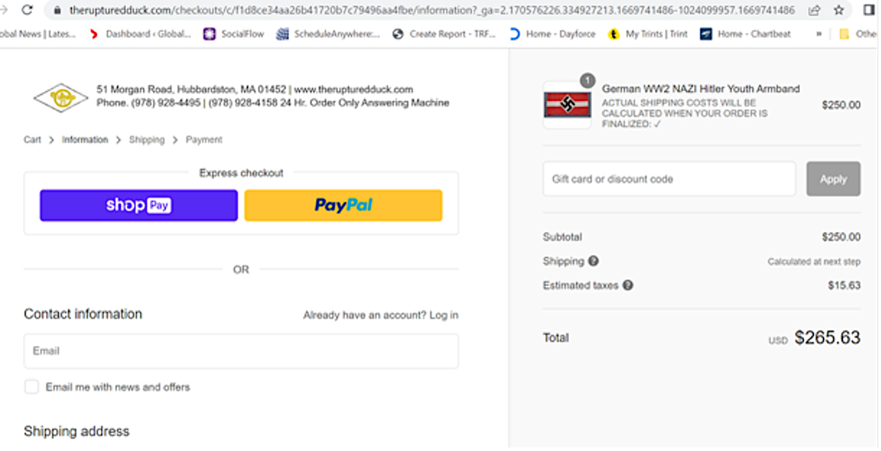 A screenshot shows an online store selling Nazi memorabilia.