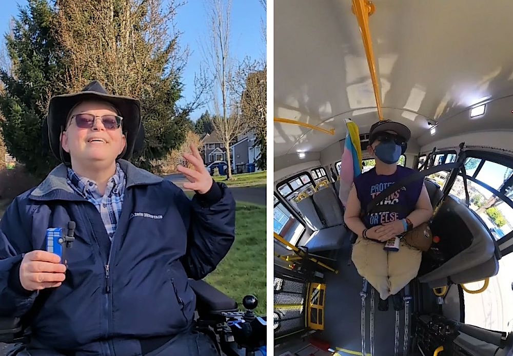 The image includes two photos of Marty Slighte. On the left, Marty has his left hand raised and is talking into a camera. He wears a hat, flannel and blue jacket. On the right, Marty is inside the bus wearing a hat, glasses and a mask.